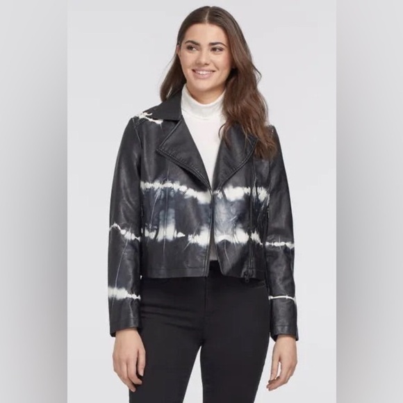 Tribal Jackets & Blazers - Tribal Women’s Black White Tie Dye Print Faux Vegan Leather Jacket Sz S NWT